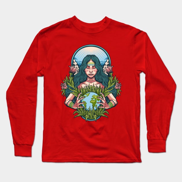 Mother earth illustration Long Sleeve T-Shirt by Mako Design 